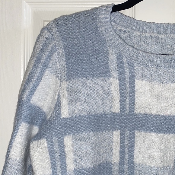 UO Vintage Fuzzy Blue and White Plaid Oversized Knit Sweater - Picture 2 of 5